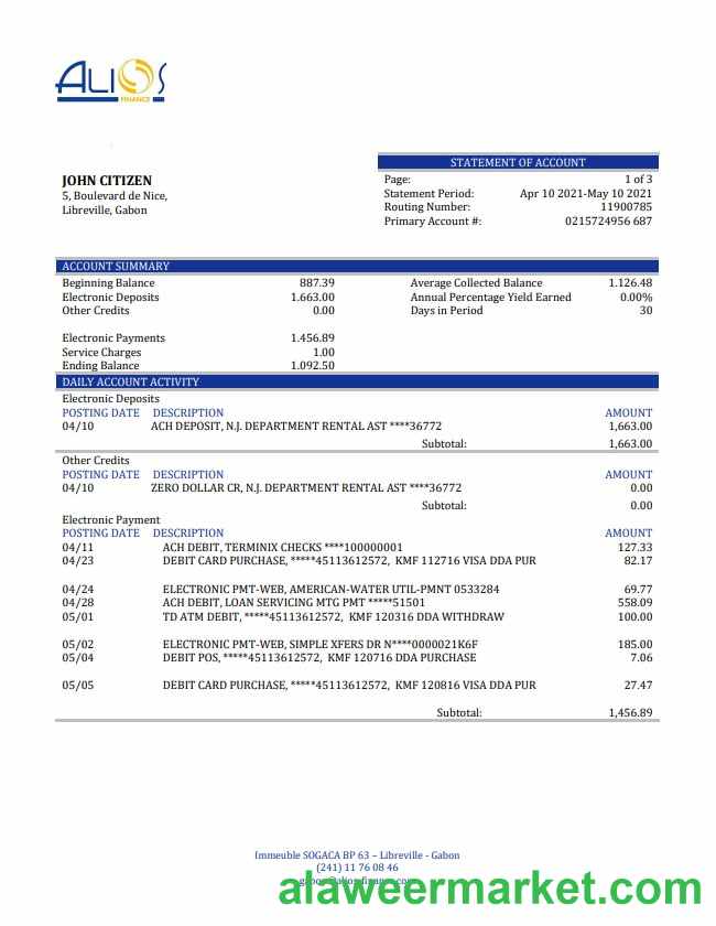 Gabon Alios Finance bank statement